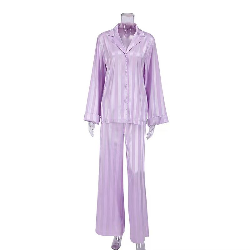 

New Arrival Fashion Style Stripes Shirt Pants Suit Homewear Striped Shirt Trousers Suit Purple S
