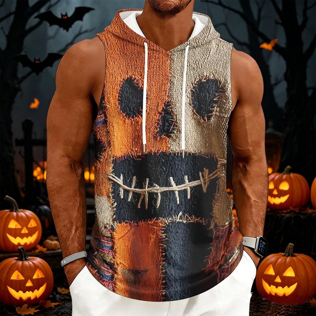 Men's Casual Sleeveless Hoodie with Drawstring Hood Halloween Themed Graphic Print Lightweight Pullover Vest for Everyday Wear