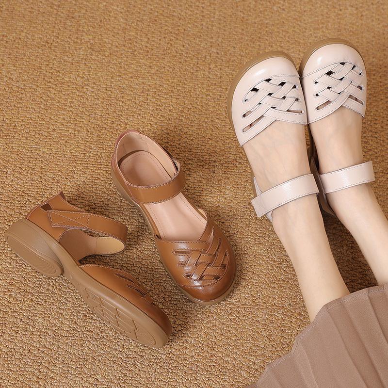 GKTINOO Women's Sandals Genuine Leather Soft Sandal 2025 Summer Hollow Woven Flat Heels Ladies Sandal Summer Mom'Shoes For Women