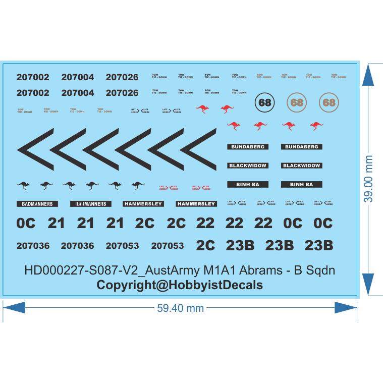 ADF Army Abrams M1A1 MBT Decals - 1/16 1/35 1/48 1/72 HO (1/87) - Water Decal