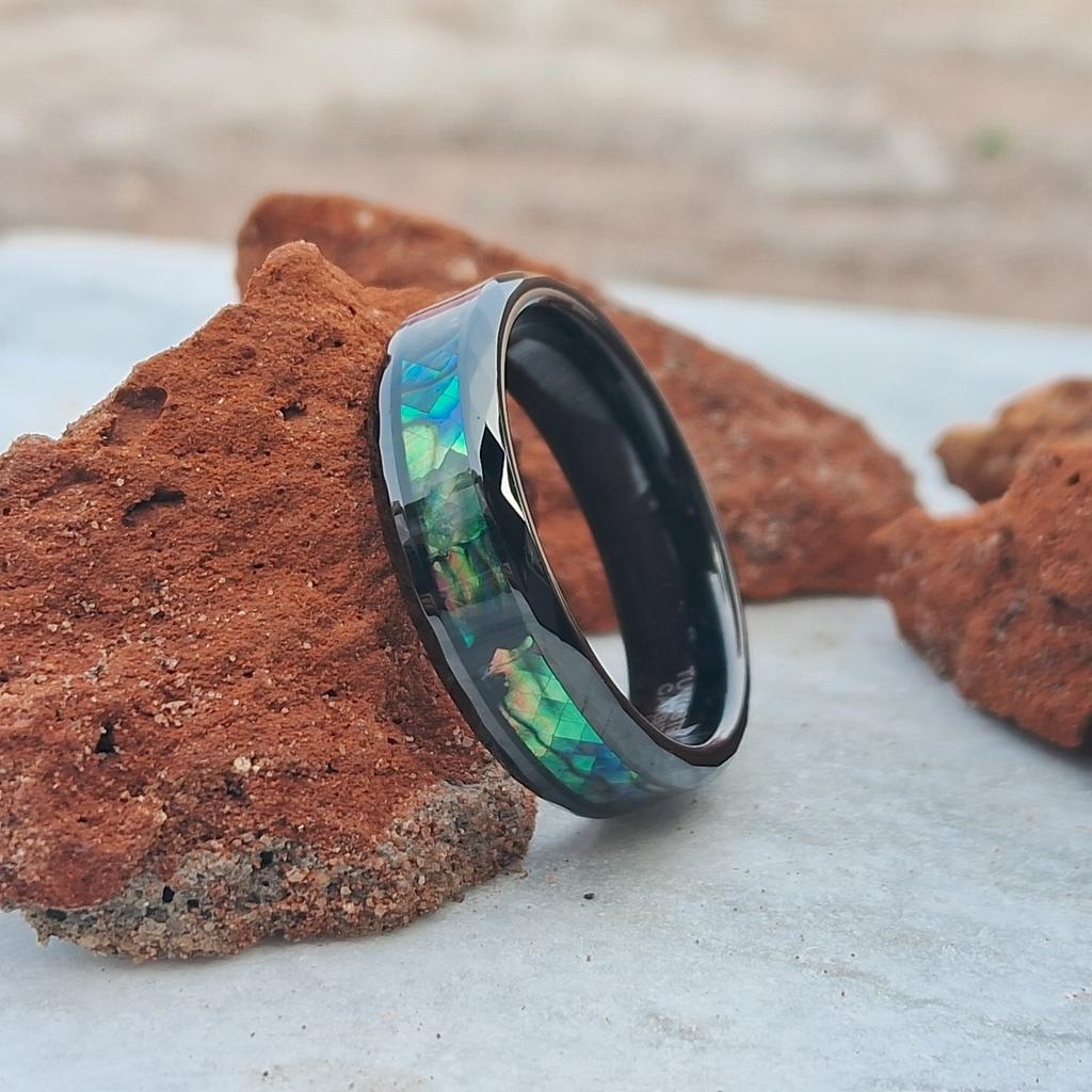 6mm Black Tungsten Ring Green Abalone Shell Inlay Couple Ring. Elegant, Stylish, and Durable Design for Engagements, Weddings Everyday Wear.