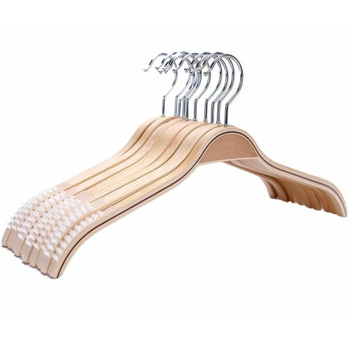 MAO DOU Wooden Clothes Hangers, Non-Slip, Natural Color, Lightweight, Set of 10