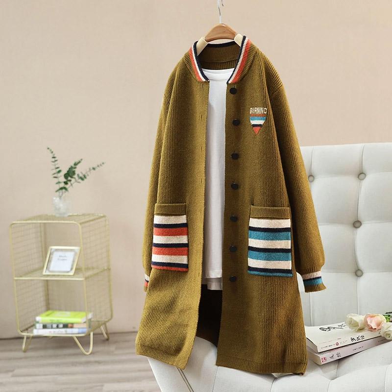 

Пальто-свитер средней длины, Толстое зимнее, Утепленное, Полосатый вязаный кардиган, Вязаный тренч свободного кроя One Size дубильная кора