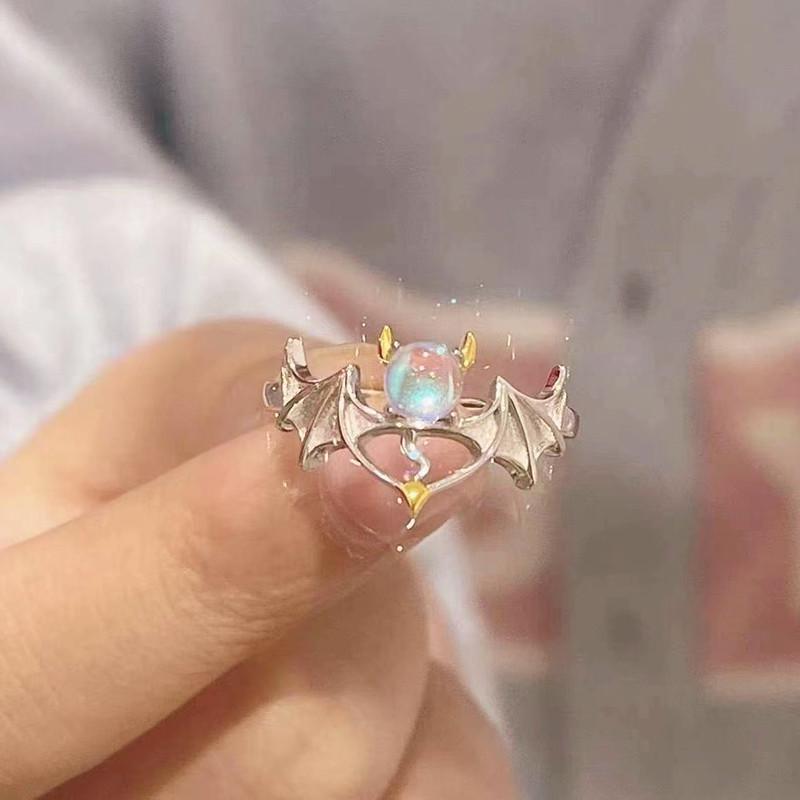 Y2K Opal Angel-Demon Ring: Cute, High-End, Unique Design for Couples and Trendsetters.