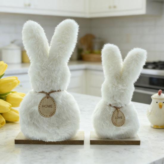 2 st Pälsklädda Kaninfigurer Påsk Plysch Vita Kaniner på Träbas för Vårfest Hemma Kontor Bordsskiva Dekoration