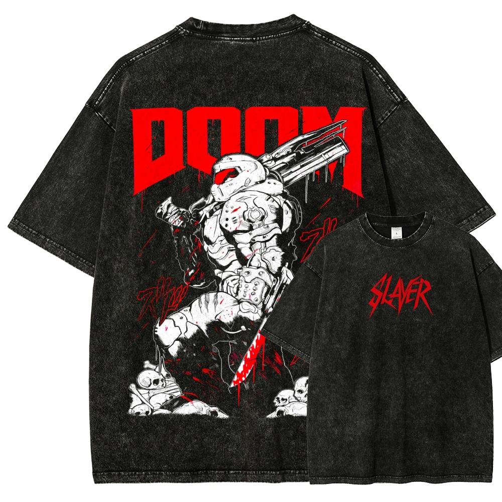 T-shirt Grafica Stile Retrò Gioco FPS Classico DOOM Uomo Donna Cotone Lavato Vintage Morbido Casual Oversize Top Estivo Nuova Maglietta
