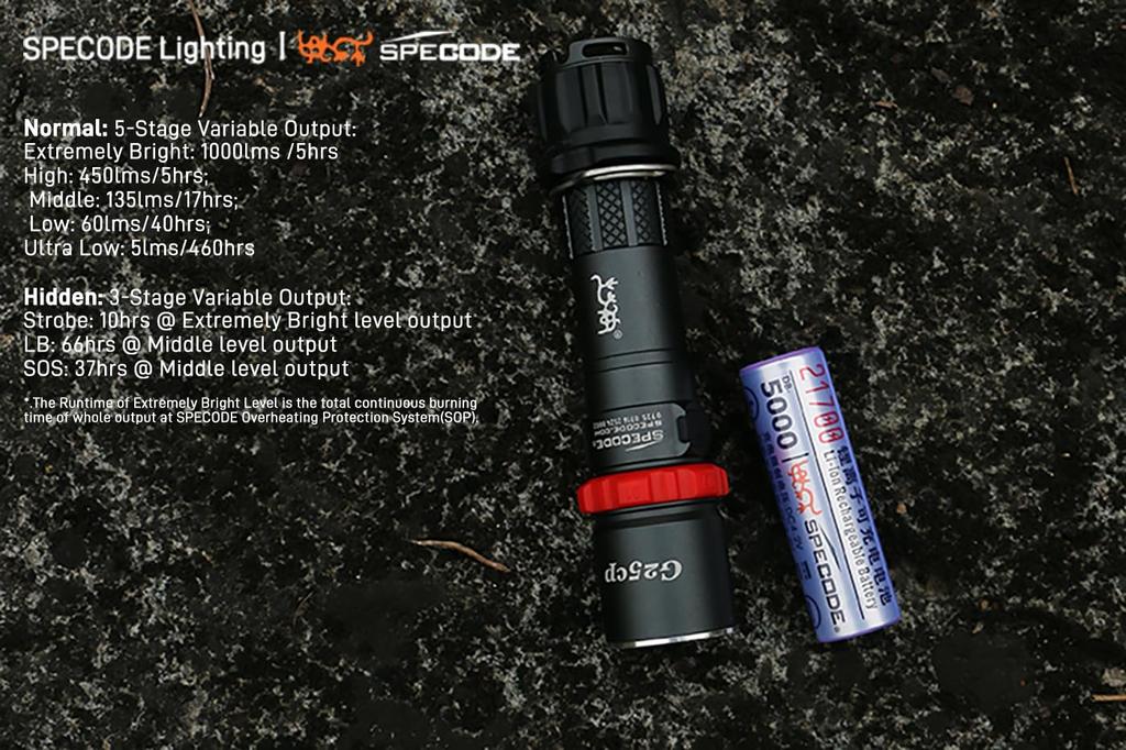 SPECODE Lanterna LED Recarregável G25cp de Alto Lúmen à Prova d'Água para e Uso Doméstico Lanterna, Tocha, Longa Duração e Emergências, Camping, Caminhadas,