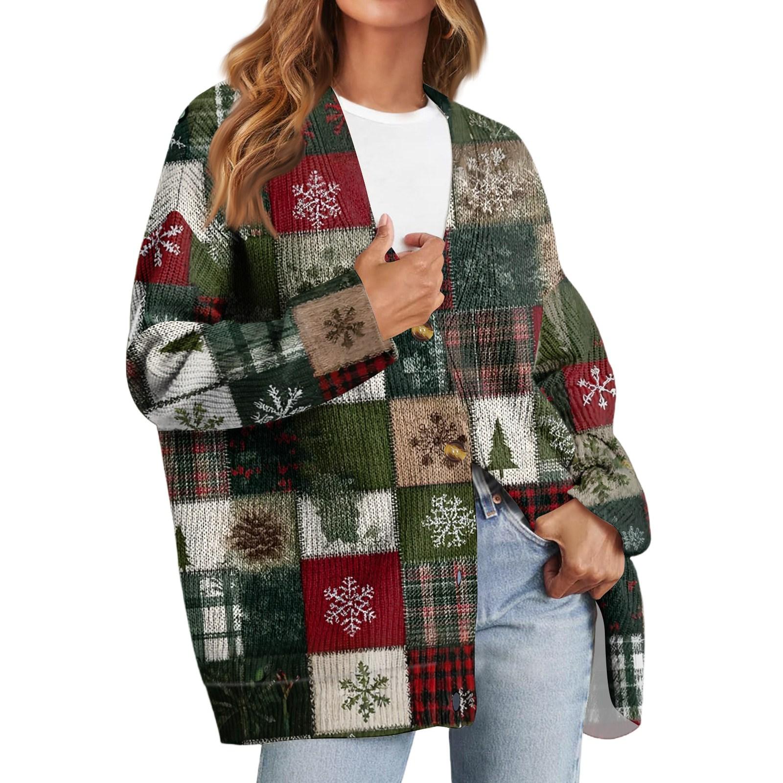 Women s Fashion Long Sleeve Christmas Print V-Neck Button Loose Cardigan Top L