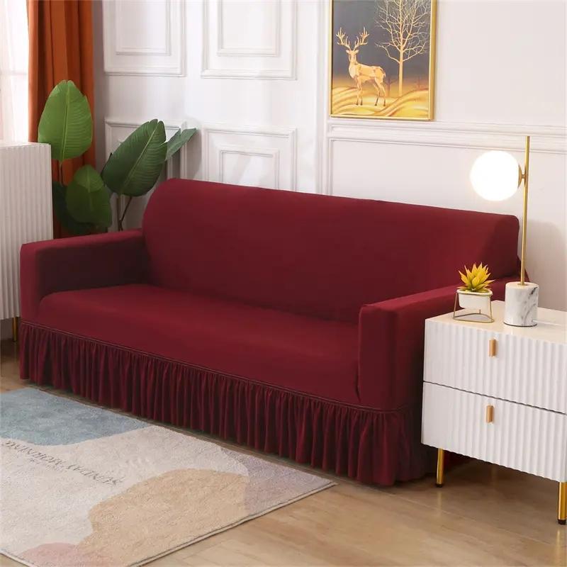 Solid Color Elastic Sofa Cover With Skirt Home Decor Non-slip Slipcover Furniture Couch Protector Cover