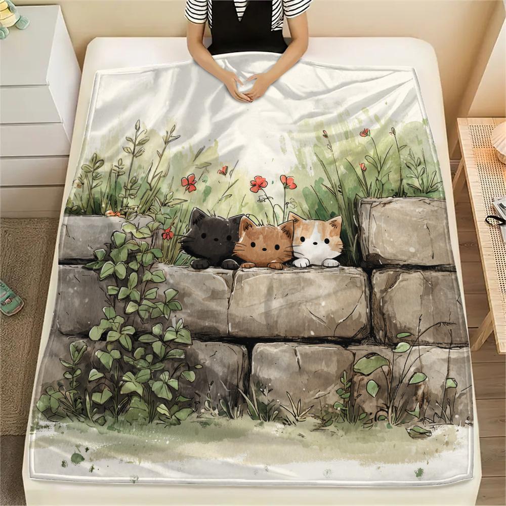 Peeking Cats Print Flannel Blanket, High quality Comfortable for All Seasons, Home Decor, Warmth and Comfort