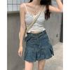 Vintage Denim Short Skirt for Women Pleated Skirt Summer High Waisted Package Hip Short Skirt