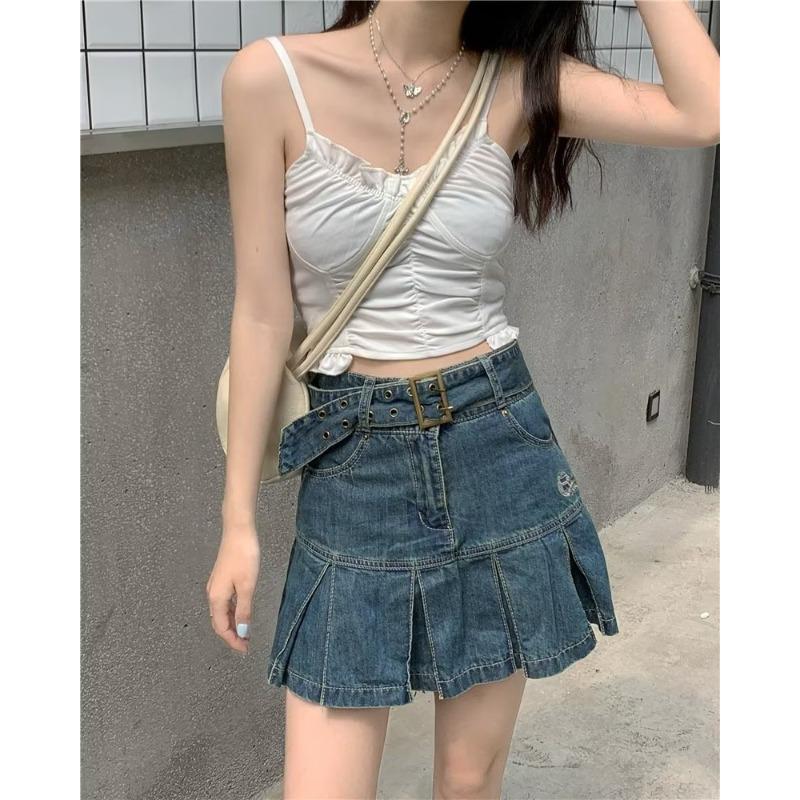 Vintage Denim Short Skirt for Women Pleated Skirt Summer High Waisted Package Hip Short Skirt