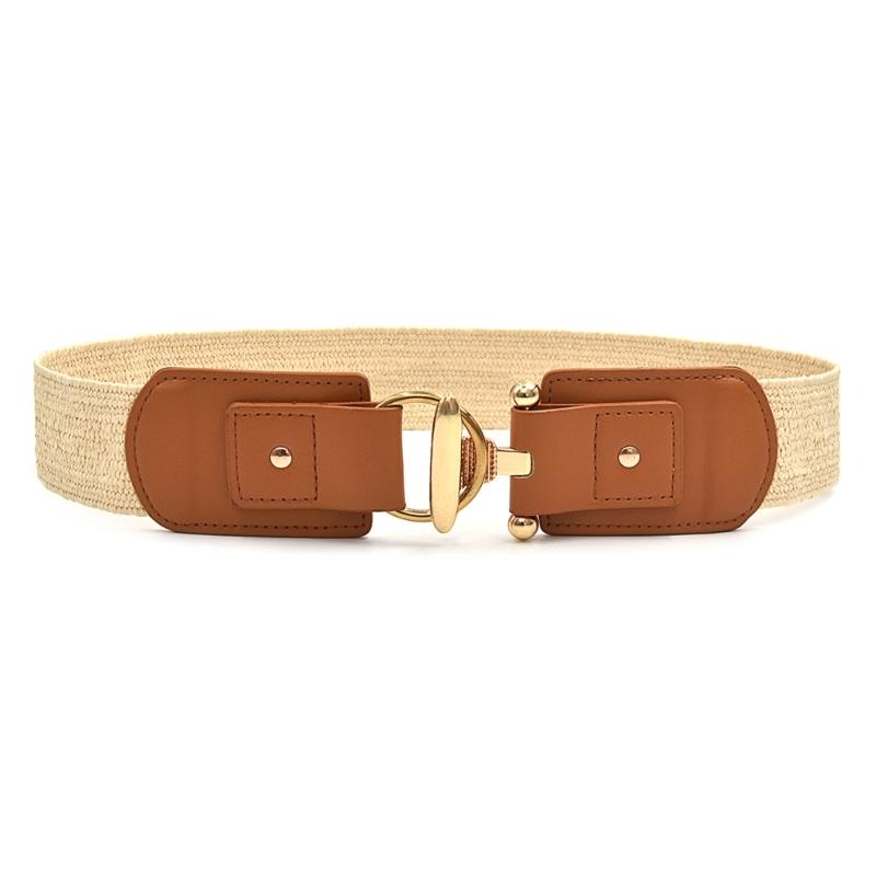 

Retro Adjustable Waist Cincher Elastic Woven PP Straw Belt Natural Texture Gold Clasp Women s Fashion Accessory абрикосовий