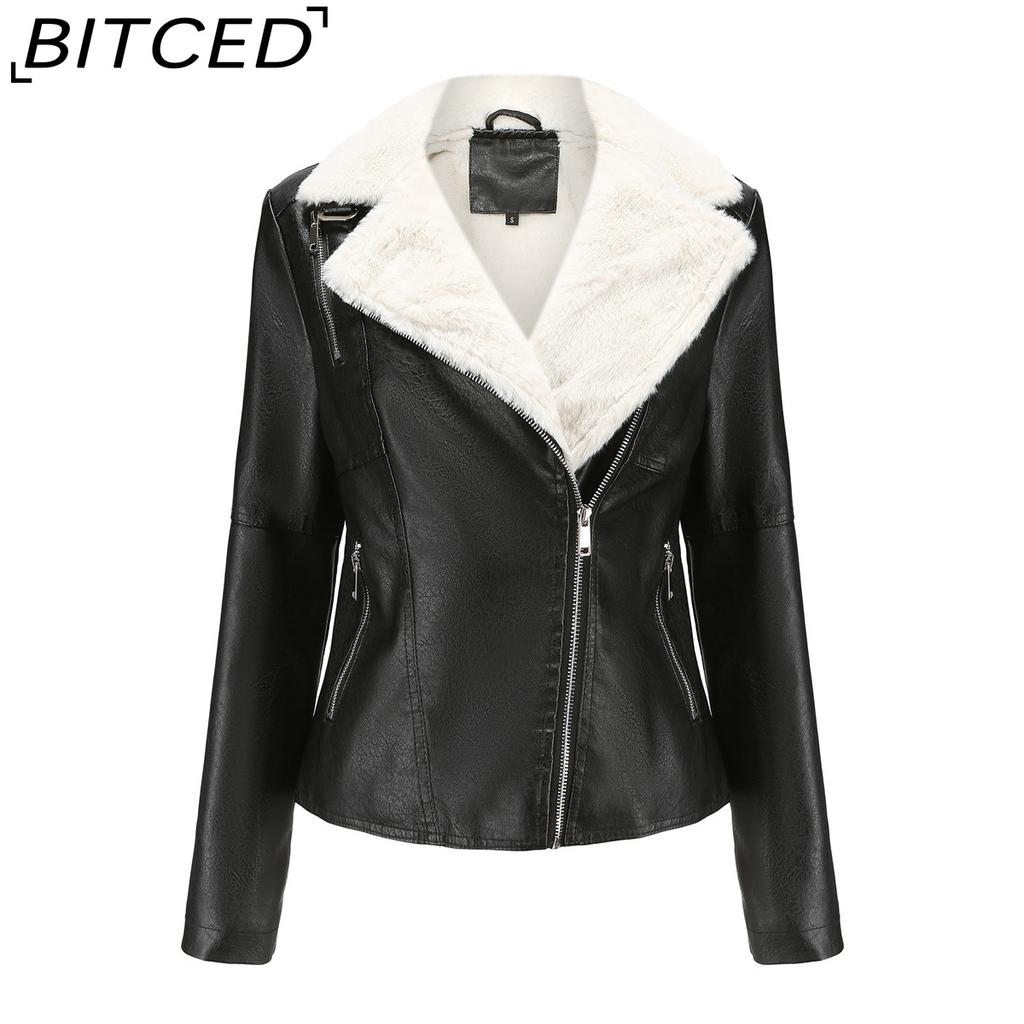 BITCED Autumn/Winter Faux Fur-Lined Leather Jacket for Women with Fleece Lining, Long Sleeves, Warm Coat, Casual Style