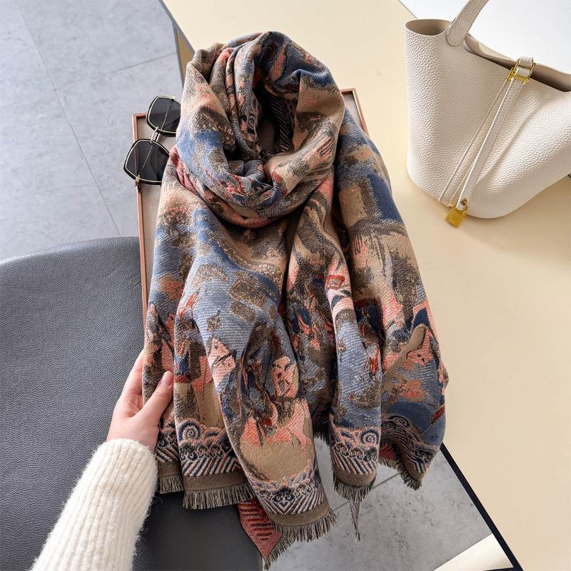 Dunhuang Oil Painting Autumn and Winter Thickened Scarf Travel Outside Shawl Windproof and Cold Jacquard High-end Scarf Shawl Neck Protection