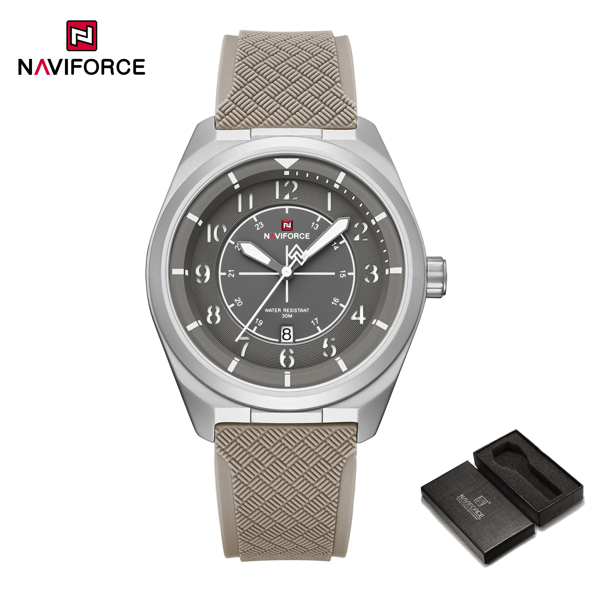 

NAVIFORCE Original Men Quartz Watch Lightweight Slicone Strap Calendar Waterproof 3ATM Round Watchcase Casual Fashion Men Watch NF9281T срібний/сірий
