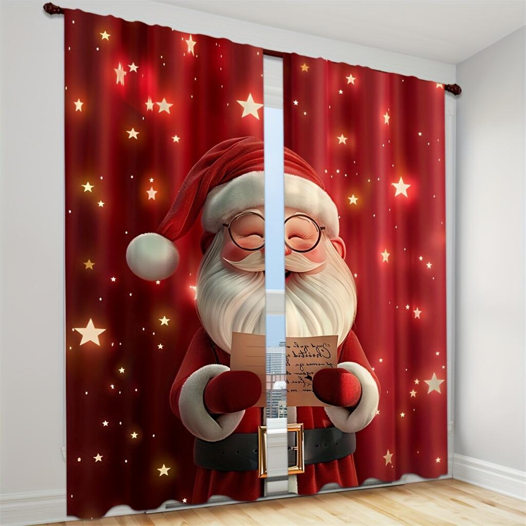 Christmas Ball Stars Decorated Curtain Red Holiday Ribbon Curtain a Set of Two, Home Living Room Bedroom Kitchen Shade Curtain