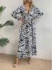 Zebra Print V-Neck Midi Dress - Elegant, Waist-Hugging, Long Sleeve, Autumn Fashion