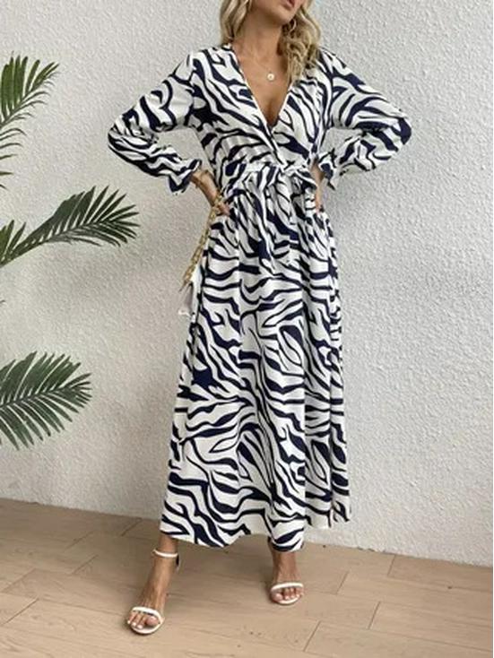 Zebra Print V-Neck Midi Dress - Elegant, Waist-Hugging, Long Sleeve, Autumn Fashion