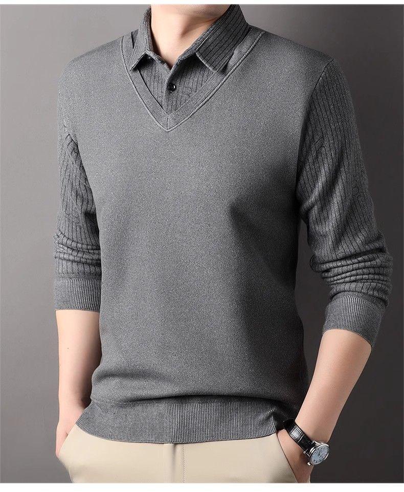 Men's Faux Two-Piece Lapel Knit Sweater - Thermal Velvet Base Layer for Autumn/Winter