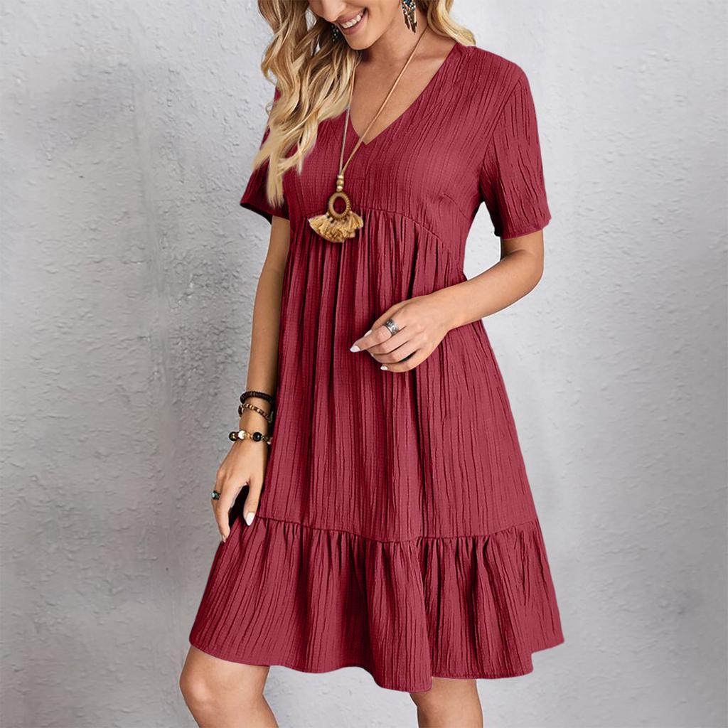 Women's  Color Casual Fashion V-neck Short Sleeved Dress