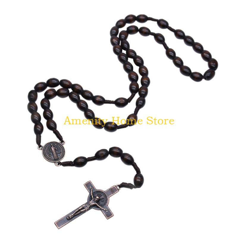 F26C Wooden Beads for Cross Pendant Necklace For Women Wood Beads Cord Rosary Necklace Holy Jerusalem Catholic Gift Handmade