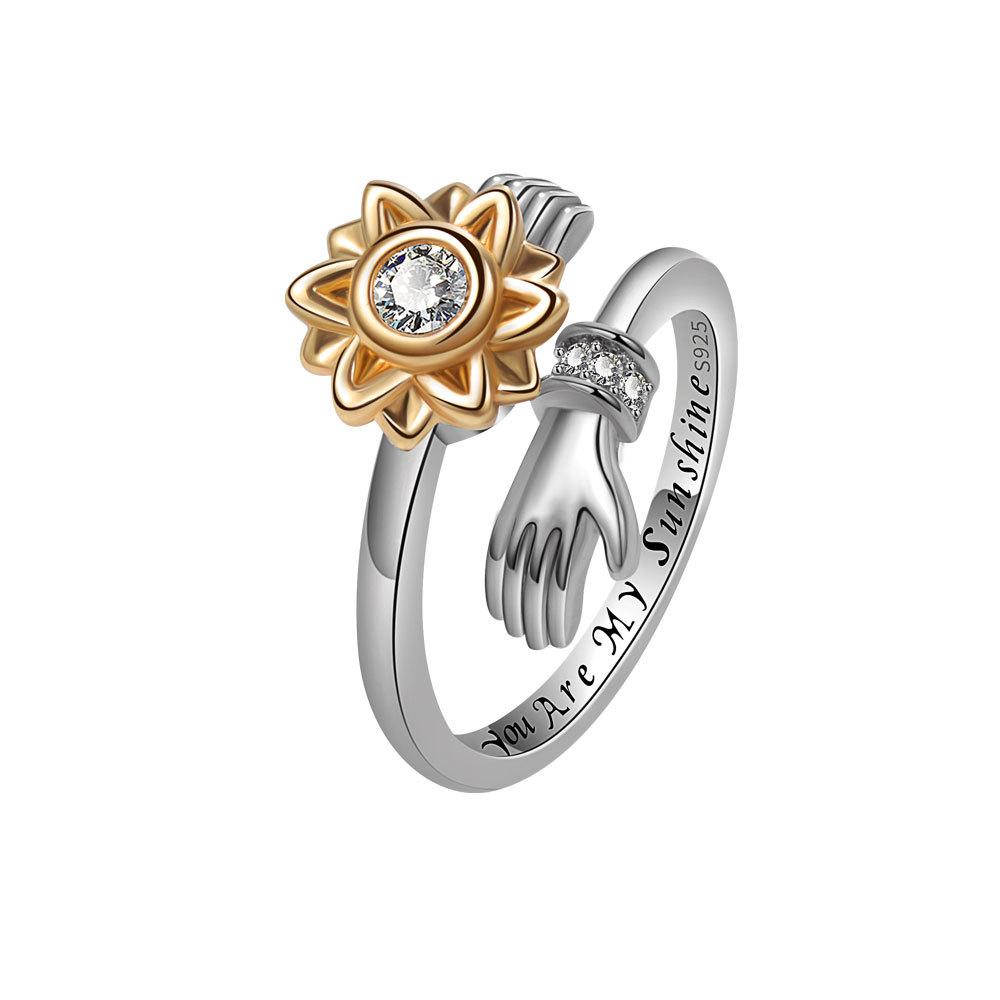 2025 Hot Sale New Design 925 Sterling Silver Simple Forest Adjustable Sunflower Rotating Hands Hugging Ring Elegant Accessories