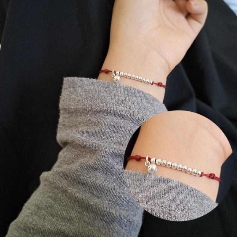 Benmingnian Red Rope Bracelet with Silver Bead & Bell Pendant - Women's Hand-Woven Anklet for Peace and Fortune
