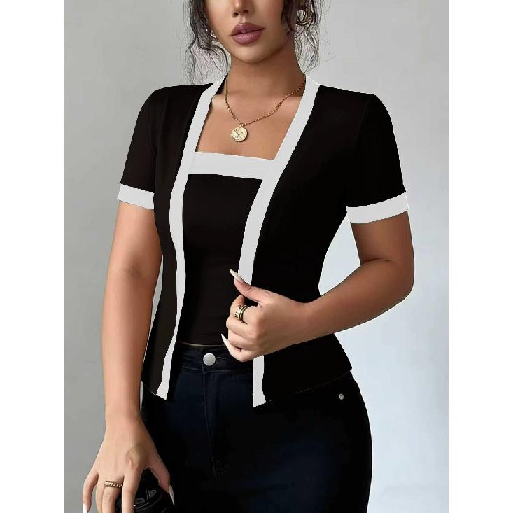 2026 Summer New Hot Girl Style Two-Tone Short Sleeve Women s Knit Cardigan S чёрный
