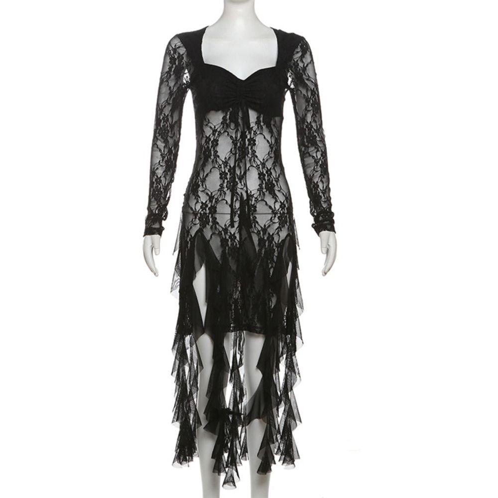 Long Sleeve Lace Flower Dress Ruffled Edge Transparent Dress Women Pleated Lace Dress  Party