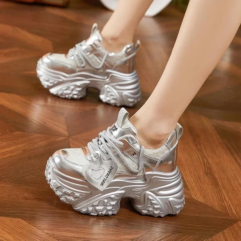 Fashion High quality 10cm new Synthetic Genuine Leather Spring Women Comfy Vulcanize High Brand Autumn Boots Bling Chunky Sneakers Shoes