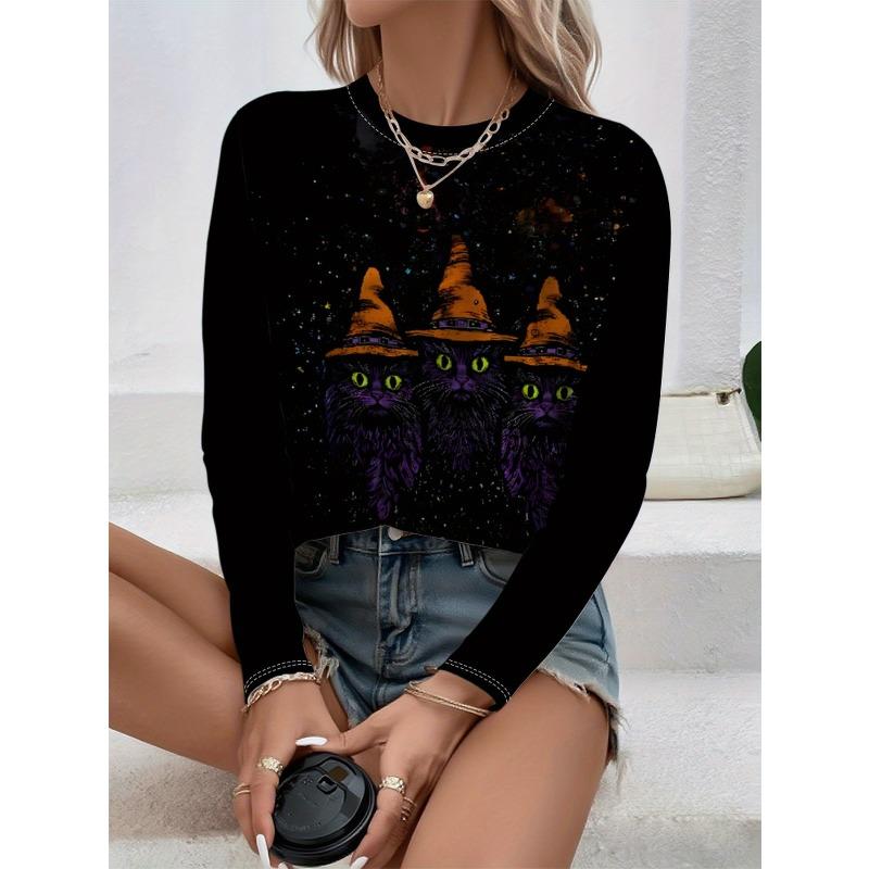 Round Neck 3D Witch Printed Top Casual Long Sleeved Women's T-shirts - Soft Medium Stretch Polyester Fabric Spring and Autumn Relaxed Fit Clothing