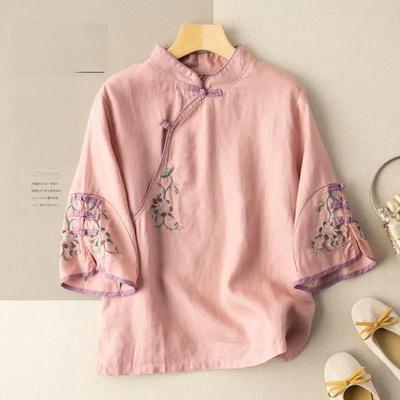 Chinese Retro Oblique Collar Cotton-Linen Embroidered Top - Three-Quarter Sleeve, Loose Fit, Spring/Summer Collection