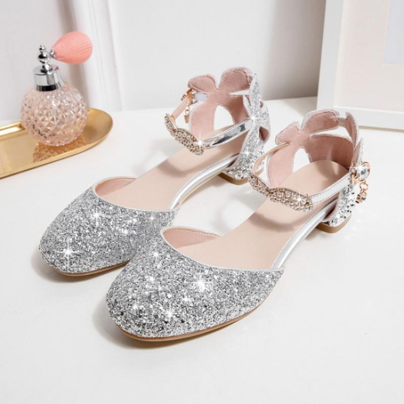 

Girls sandals 2025 summer new crystal fashion children s high heels princess shoes bag head middle and older children s performance shoes 39 (inner length 24.5cm)
