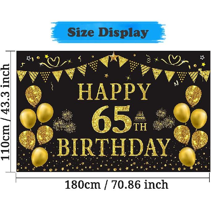 Trgowaul 65th Birthday Backdrop Gold and Black 5.9 X 3.6 Fts Happy Birthday Party Decorations Banner for Women Men Photography Supplies Background