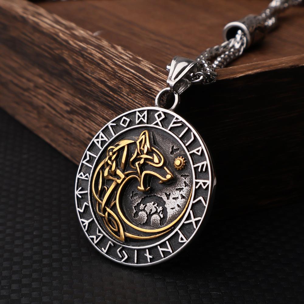 Viking Wolf Head Rune Titanium Steel Pendant Necklace Stainless Steel Men's Necklace Fashion Accessories Versatile