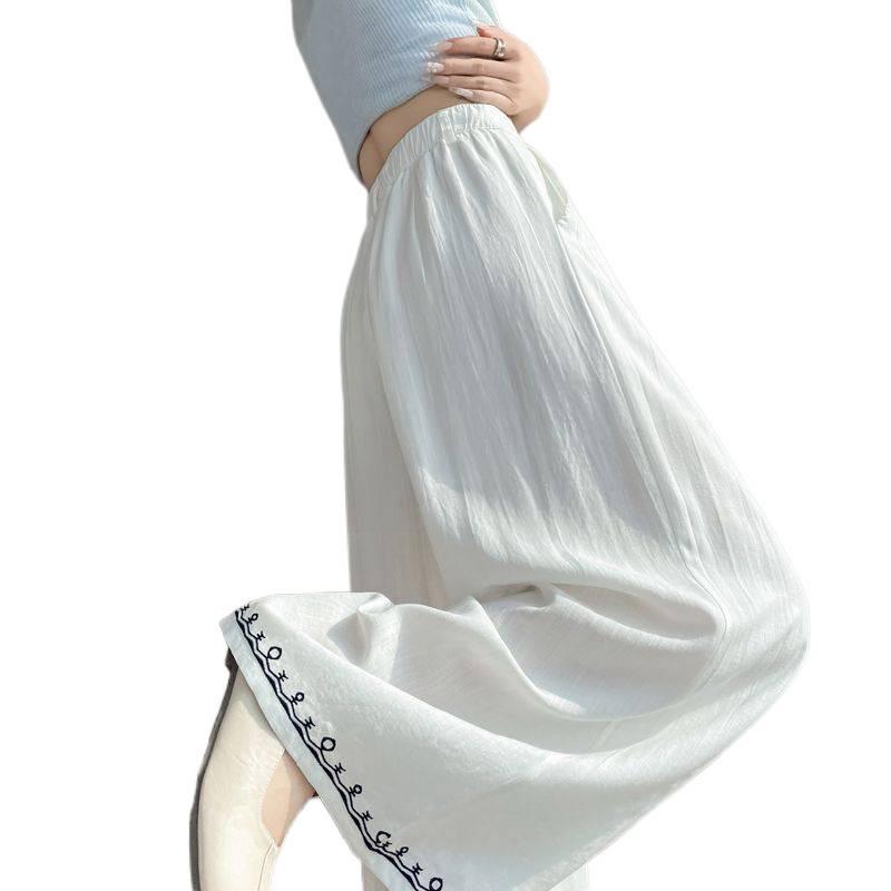 Women's Embroidered Ice Silk Cotton High-Waisted Wide-Leg Pants for Spring/Summer 2026