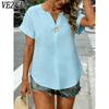 אופנת נשים מזדמנים קיץ אביב הדפס בצבע אחיד עם שרוולים קצרים חולצות וחולצות עם צווארון V