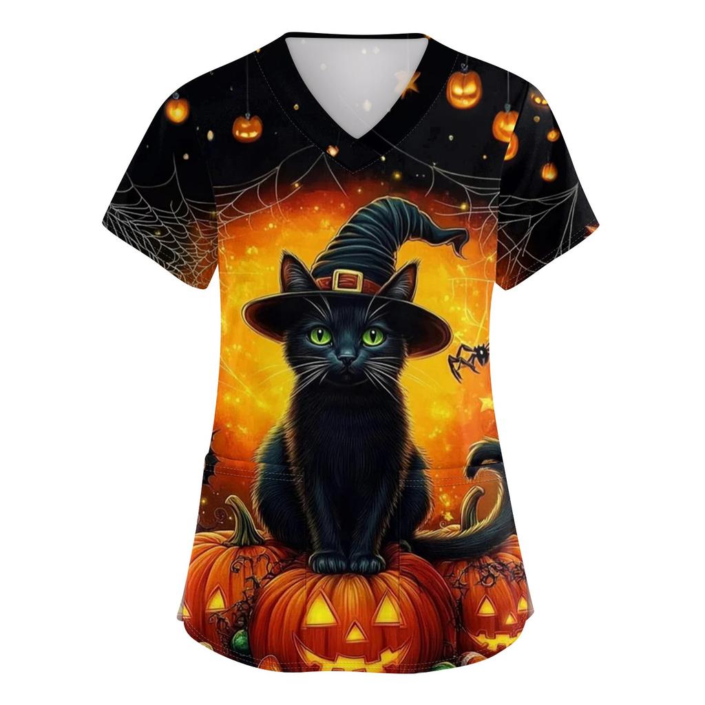 Women's V-neck Halloween Printed Short-sleeved Pocket Side-slit Protective Suit Top