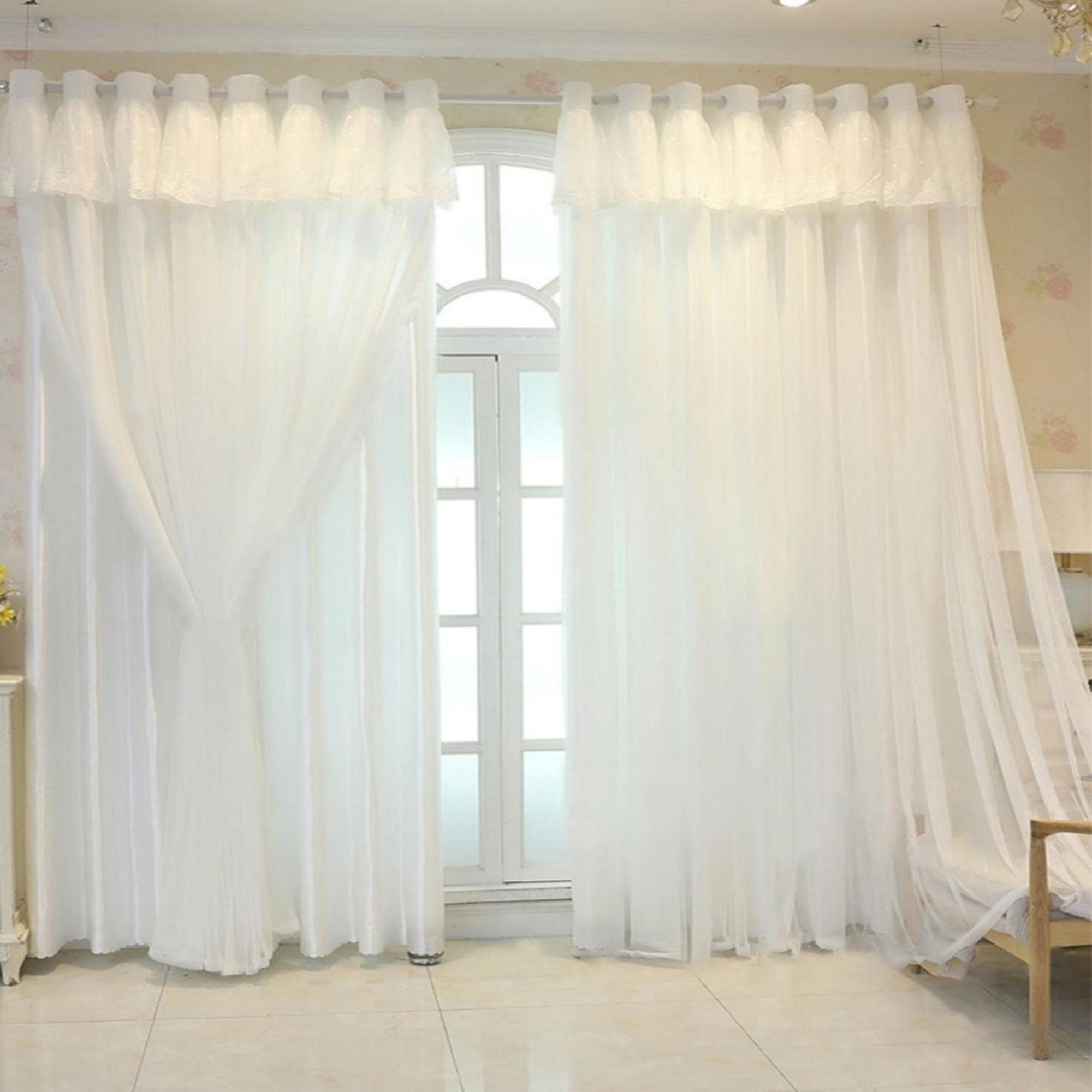 1 stuk Romantische witte Dubbellaagse verduisteringsgordijnen met Vitrage, Blokkert UV, Warmte-isolerend, voor Woonkamer, Slaapkamer 1pc W100xL200 cm&Hooks tape top wit