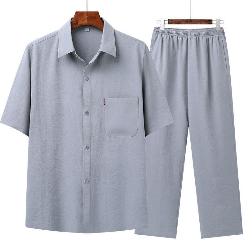 Pants Summer Leisure All Match Middle Aged Old Dad Men Fashion Trend Grandpa Loose Lapel Half Sleeve Shirt Set