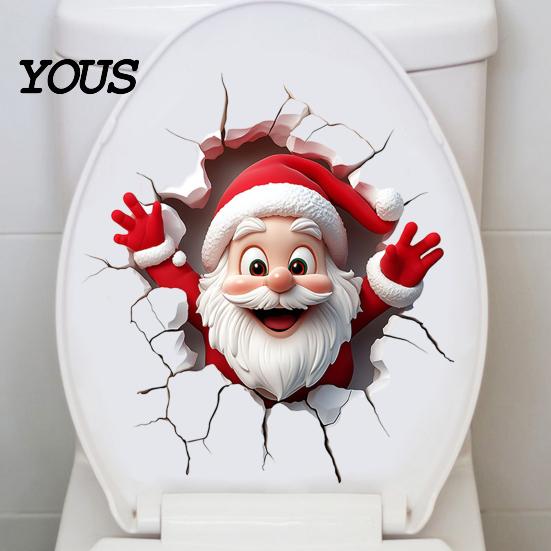 Removable PVC Mural Christmas Toilet Sticker, Funny Santa Claus Lid Tank Bathroom Holiday Decorations Self-Adhesive 3D Hole Waterproof Decal