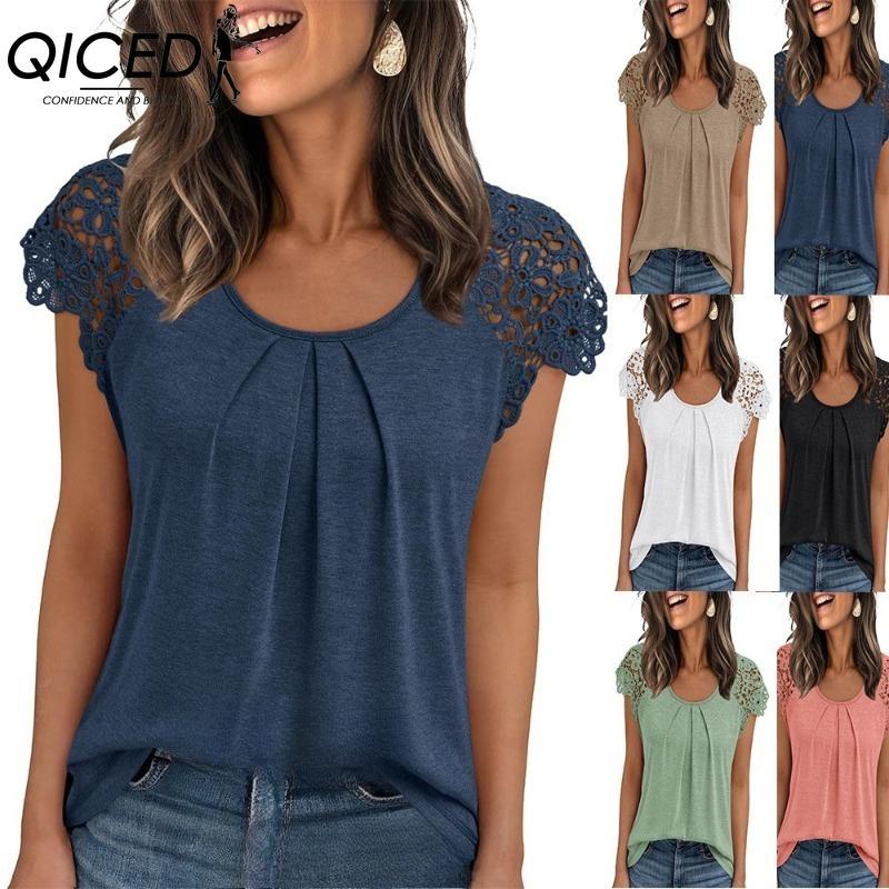 QICED Women's Fashion Casual Solid Color Print Short Sleeve O Neck Blouses & Shirts