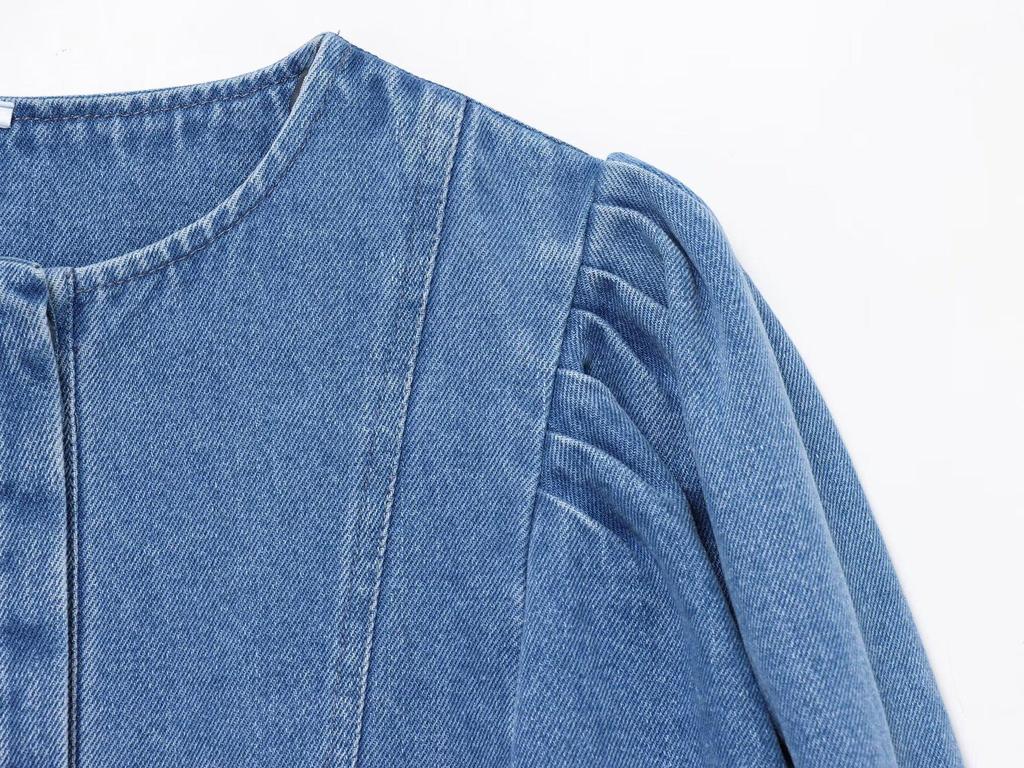 Elegant Denim Midi Dress: European & American Style, Round Neck, Short Sleeve