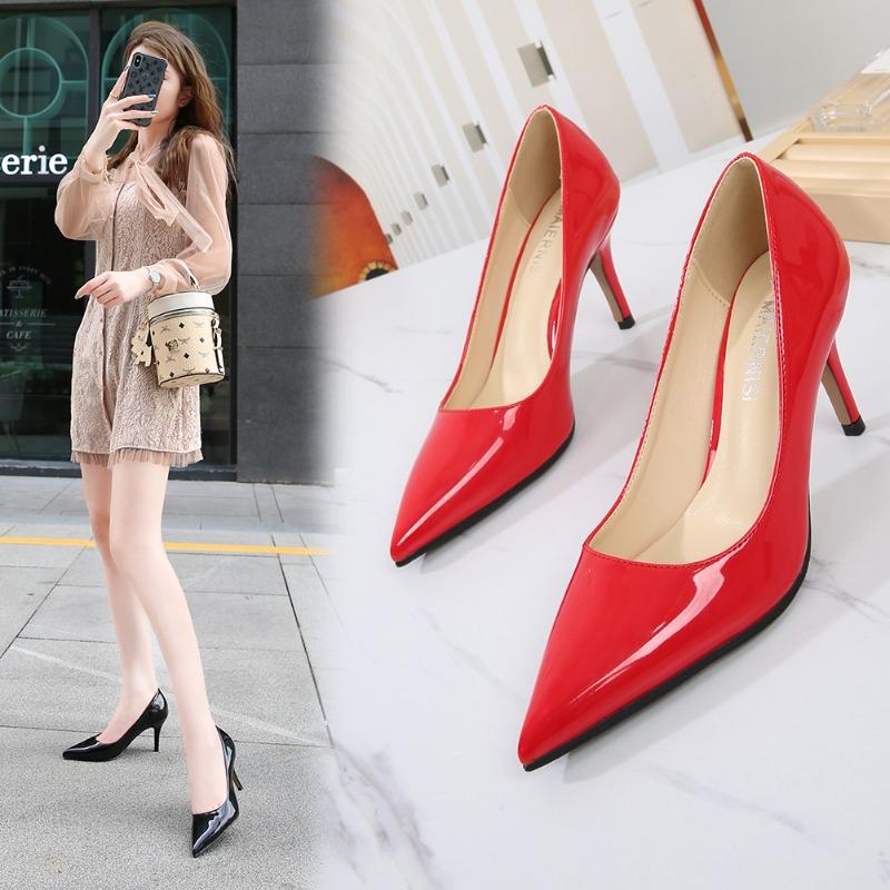 Large Size High Heels Women's Pointed Toe Thin Heel Black Work Commute Single Shoes PU Leather Blue Red Wedding Shoes