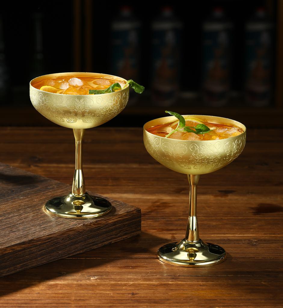 Metal Cup, Martini Cocktail Glasses,Copper Plated Stainless Steel With Etching Pattern