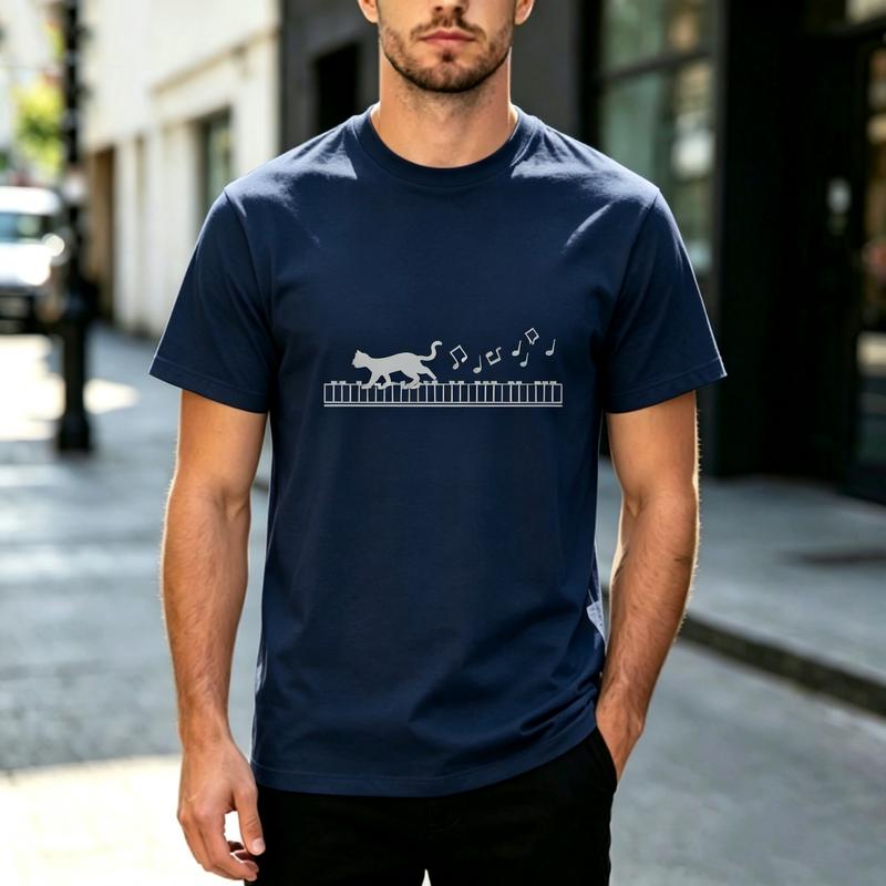 Cat Piano Graphic Crew Neck T Shirt Unisex Music Note Print Short Sleeve Cotton Tee Casual Streetwear Funny Animal Top Daily Wear