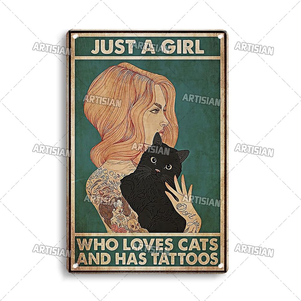 Artisian Halloween Metal Plaque Girl And Cat Tin Sign Black Cat Decorative Plate Wall Decor Garage Bar Pub Club Hotel Kitchen