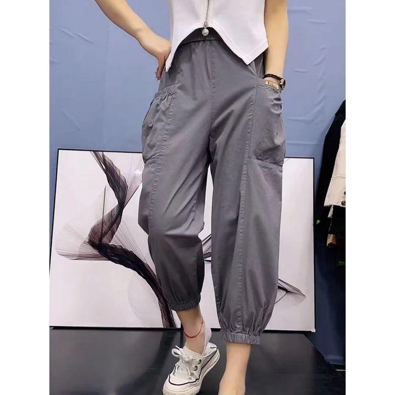 

Washed Cotton Thin Loose Tappered High Waist Casual Pants Grey XL