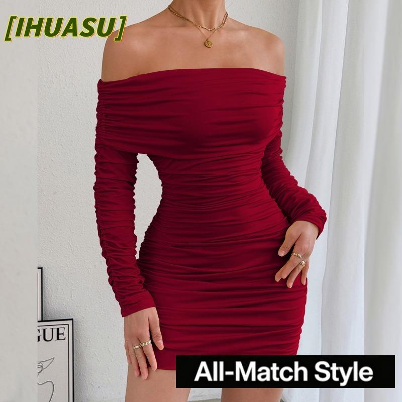 IHUASU Women's Fashion Summer Spring Solid Color Print Long Sleeve Casual Dresses
